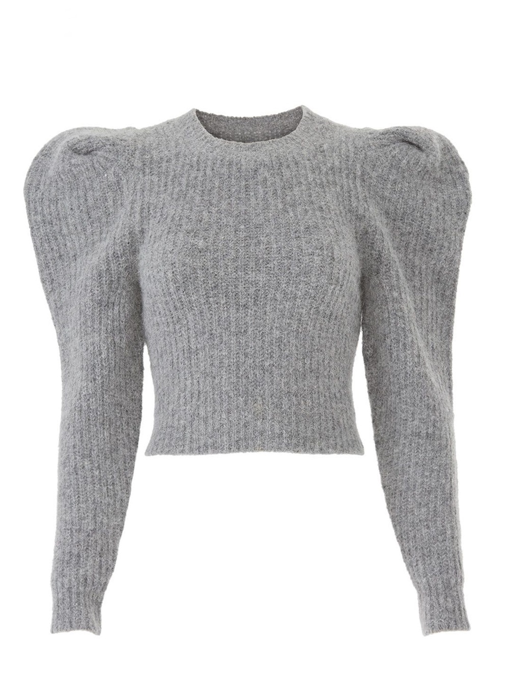 Philosophy Cropped Puff-Sleeve Knit Sweater in Heather Gray